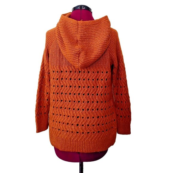 Maurices Hooded Sweater Women’s Size Large Brown Open Knit Tunic Pullover Hoodie - Picture 2 of 7